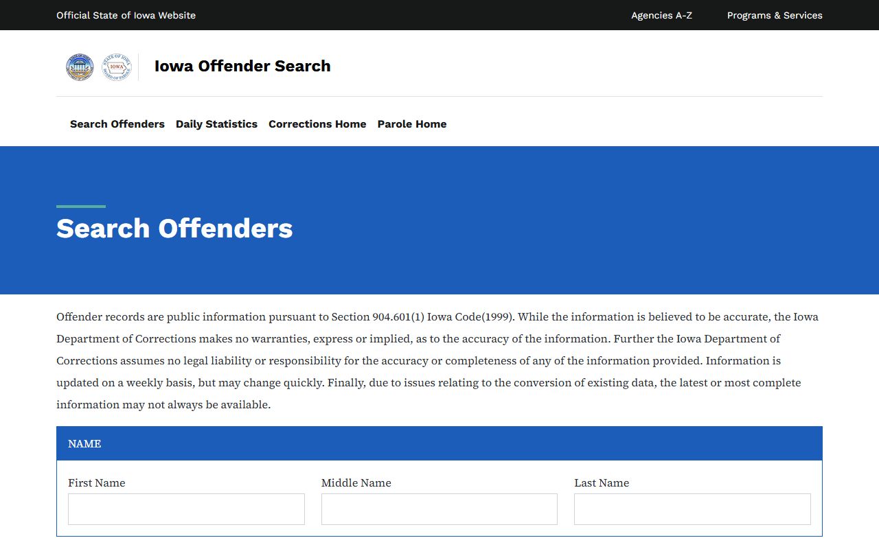 Allamakee County inmate population Iowa DOC offender search fields